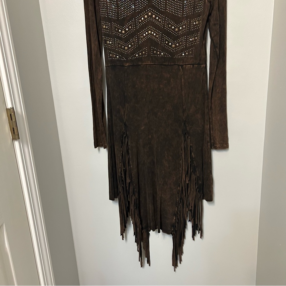 T Party Beaded Embroidered Fringe Mini Dress Mineral Wash Womens M Western Rodeo - Picture 11 of 16